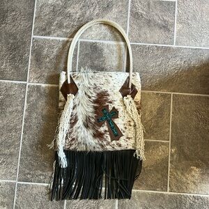 Handmade Western Shoulder Bag. Leather and hair on hide with rope handles